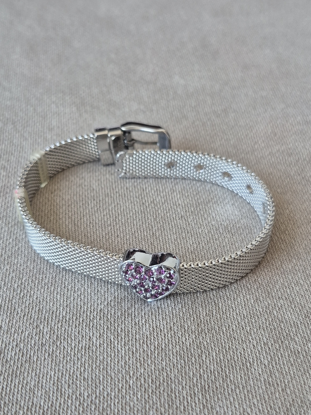 Silver Mesh Bracelet with Pink Crystal Heart Charm